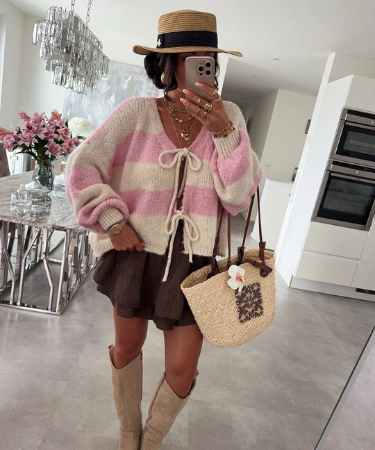 Damen lockere Strickjacke mit breiten Streifen und Bindegürtel - Vittorelli
