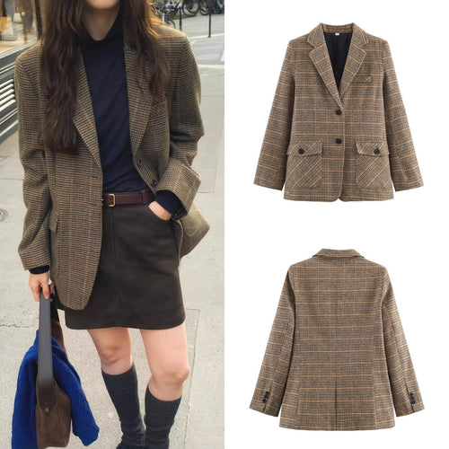 Damen Glencheck-Blazer mit Reverskragen, Pattentaschen und taillierter Silhouette Nord Taschen