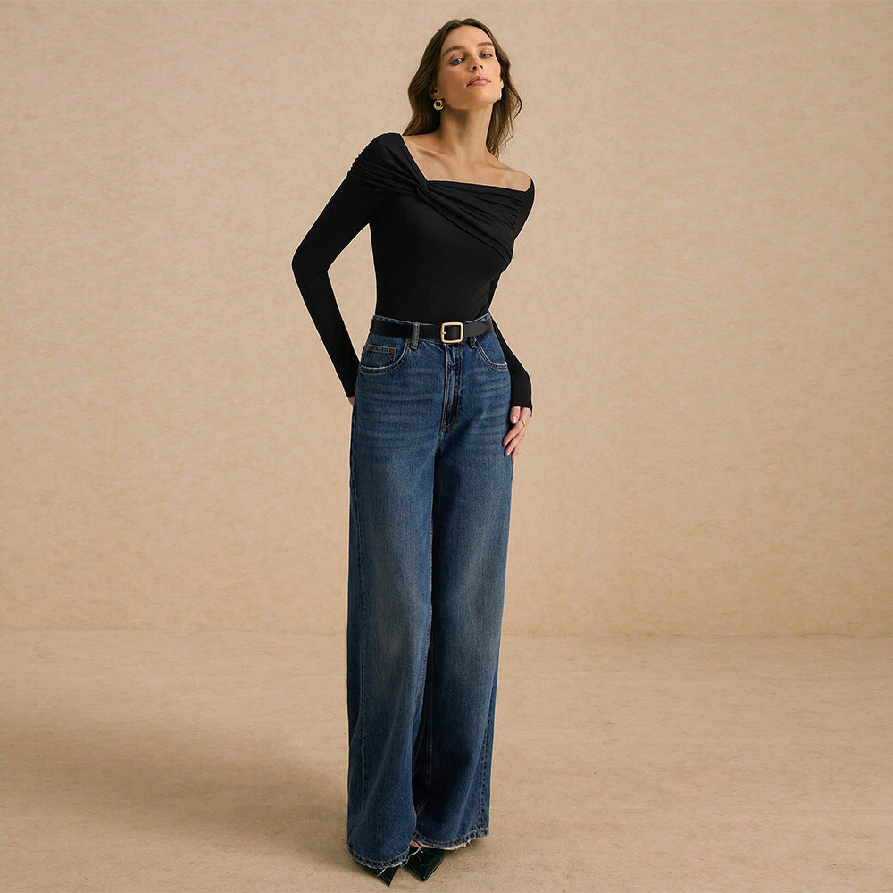 Damen schulterfreies figurbetontes Langarm-Top mit gedrehtem Frontdetail und seitlichen Raffungsnähten Nord Taschen