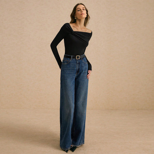 Damen schulterfreies figurbetontes Langarm-Top mit gedrehtem Frontdetail und seitlichen Raffungsnähten Nord Taschen