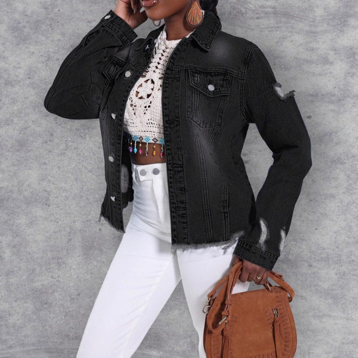 Damen Distressed Denimjacke mit ausgefranstem Saum und Relaxed-Fit Nord Taschen