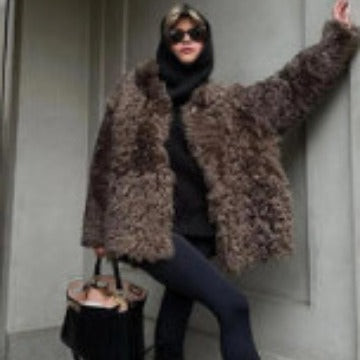 Damen Oversized Kunstfellmantel mit hohem Kragen und Teddystruktur Nord Taschen