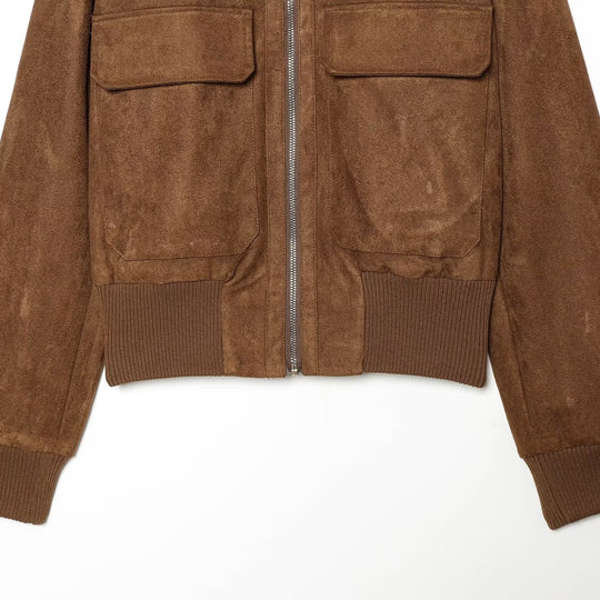 Damen Wildlederoptik-Bomberjacke mit Rippenkragen und aufgesetzten Taschen Nord Taschen