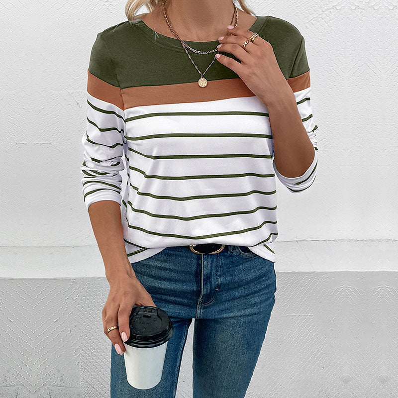 Damen Gestreiftes Langarmshirt mit Colorblock-Detail und Rundhalsausschnitt Nord Taschen
