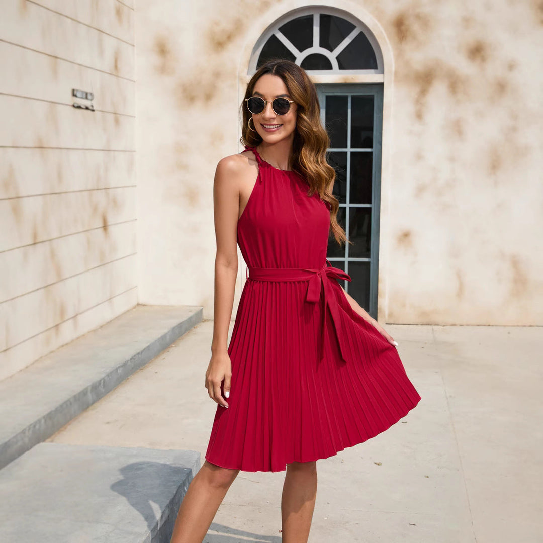 Damen Plissiertes Sommerkleid mit tailliertem Gürtel und Halterneck - Arvani