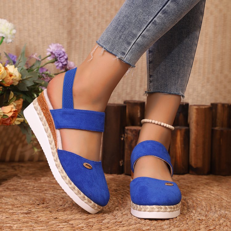 Damen  Espadrille-Keilpantoletten mit elastischem Fersenriemen, Veloursoptik-Obermaterial und geflochtenem Jute-Plateau Nord Taschen