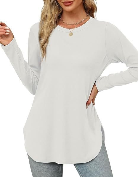 Damen Lässiges Longsleeve-Tunikaoberteil mit Rundhalsausschnitt, Seitenschlitzen und Aquarell-Blattprint Nord Taschen