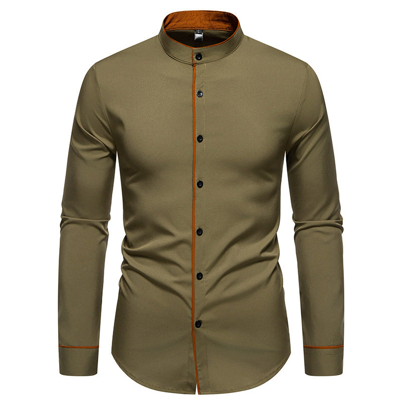 Herren Langarmhemd mit modernem Stehkragen und gesticktem Detail