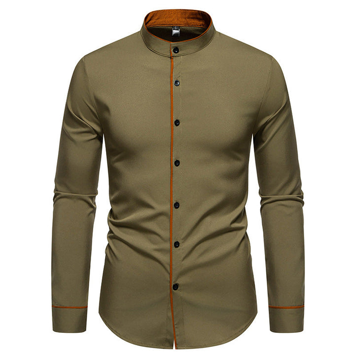 Herren Langarmhemd mit modernem Stehkragen und gesticktem Detail