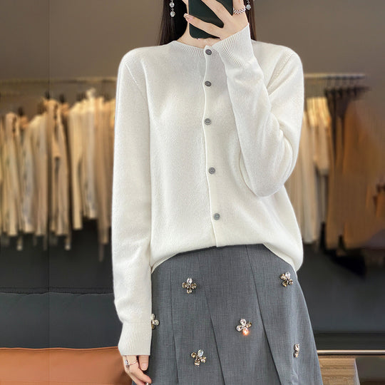 Damen Leichter Feinstrick-Cardigan mit Kaschmir‑Optik, Rundhalsausschnitt und verdeckter Knopfleiste Nord Taschen