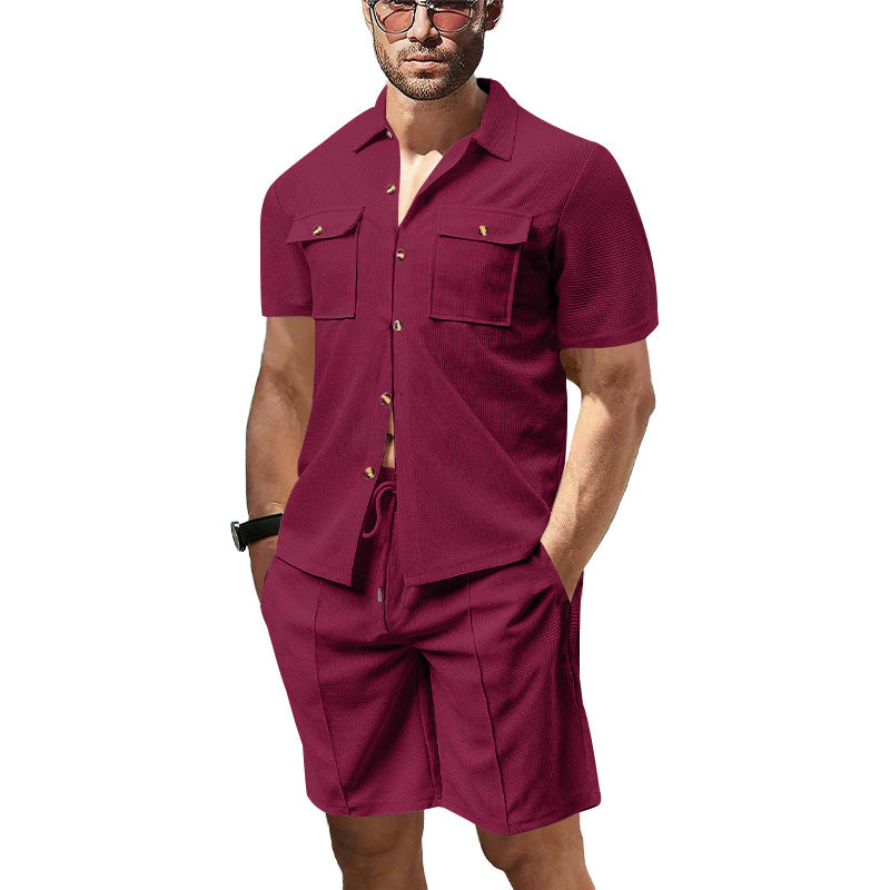 Herren nan modernes Kurzarm-Hemden-Set im Resortstil mit aufgesetzten Pattentaschen, offenem Reverskragen und Kordelzug-Bermuda aus Strukturjersey