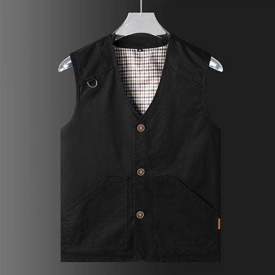 Herren Ärmellose Utility‑Weste mit V‑Ausschnitt, Baumwoll‑Canvas, Knopfleiste und großen Fronttaschen Nord Taschen
