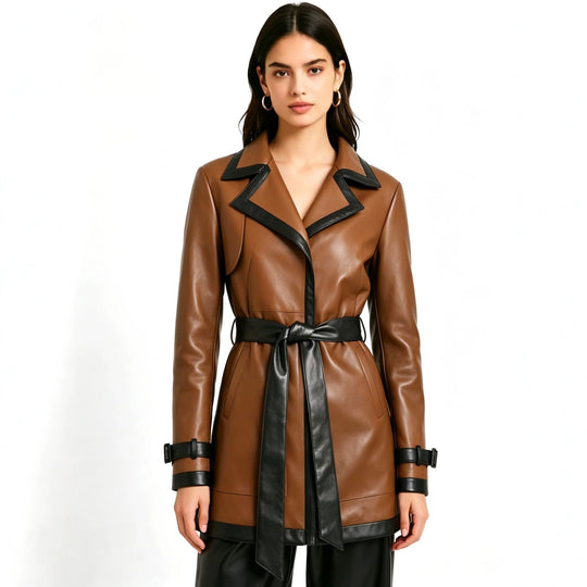 Damen taillierter Kunstleder-Trenchcoat mit kontrastbesatz und Bindegürtel Nord Taschen