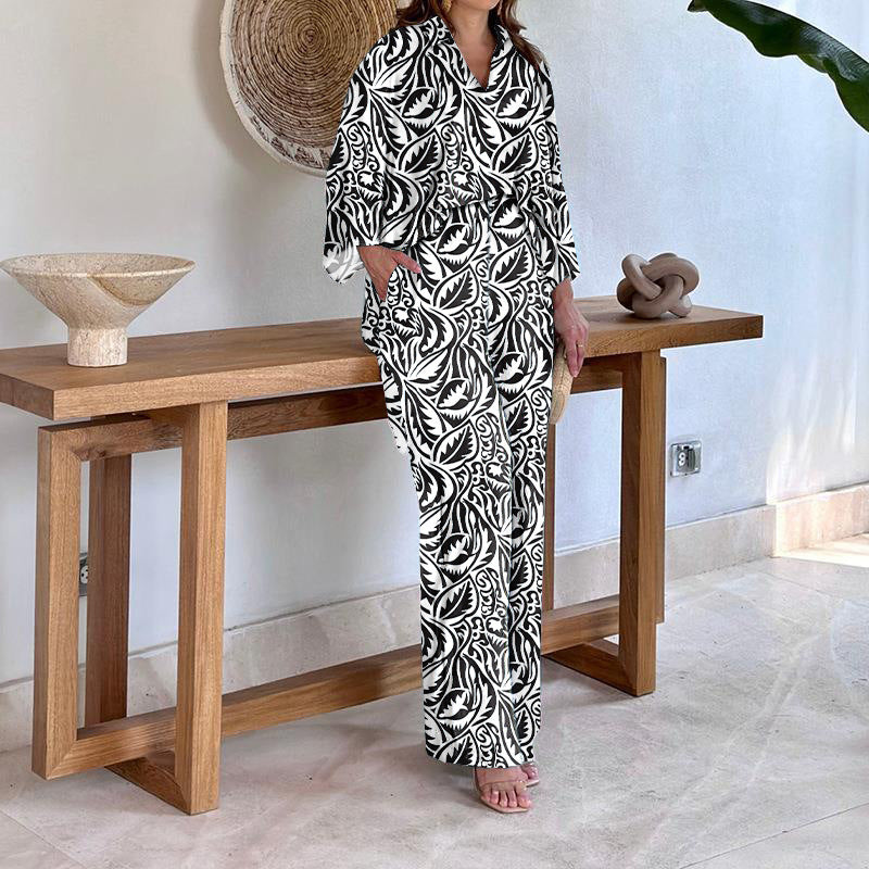 Damen Gemustertes Kimono-Lounge-Set mit weitem Palazzohose aus leichtem Viskose-Mix Nord Taschen