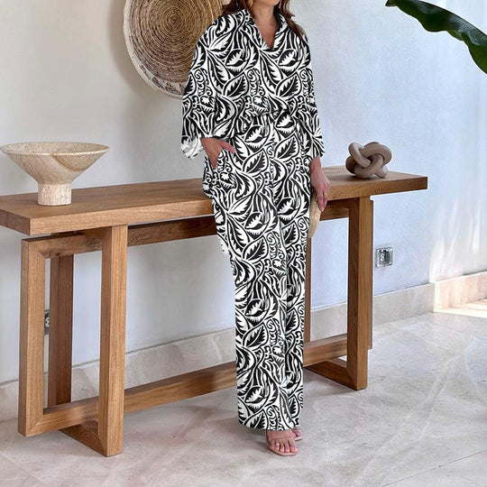 Damen Gemustertes Kimono-Lounge-Set mit weitem Palazzohose aus leichtem Viskose-Mix Nord Taschen