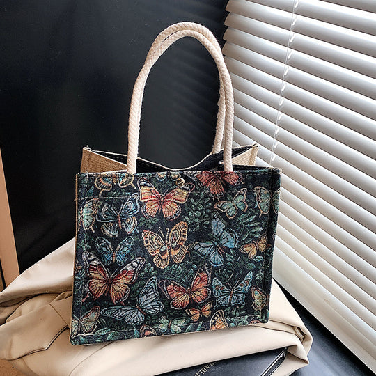 Damen Jute Tragetasche mit buntem Schmetterlingsdesign Nord Taschen