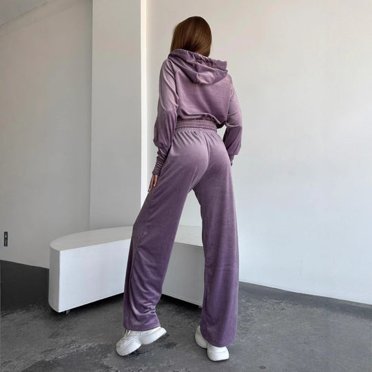 Damen Velours-Lounge-Set mit Cropped Kapuzenjacke und High-Waist weitem Bein Nord Taschen