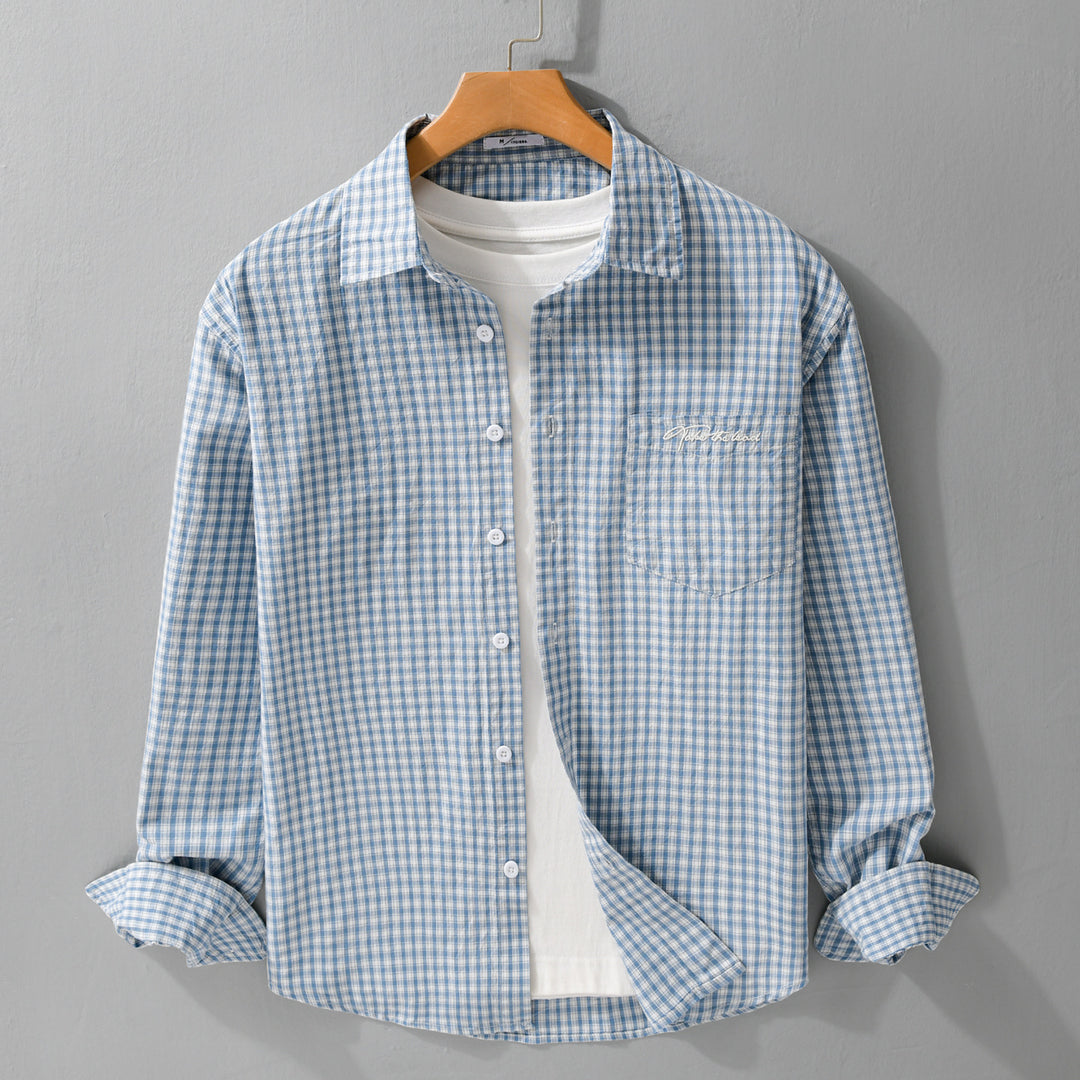 Herren Overshirt-Hemd im feinen Vichy-Karo aus weichem Baumwoll-Twill mit aufgesetzter Brusttasche Nord Taschen