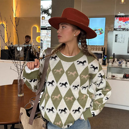 Damen Oversize Strickpullover mit Argyle-Muster und Pferde-Motiv Nord Taschen