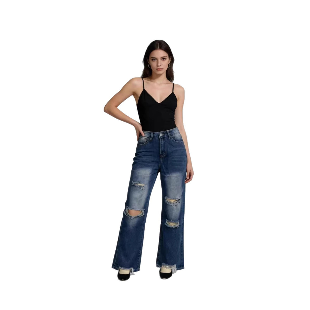 Damen hochgeschnittene Relaxed-Jeans mit weitem Bein, Knie-Rips und rohem Saum Nord Taschen