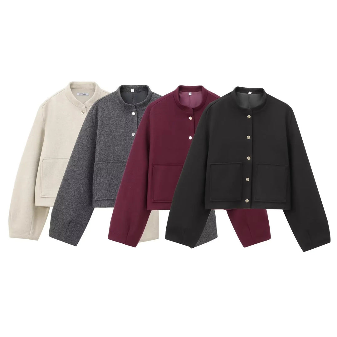 Damen 500+ Cropped Boxy Wollmix‑Blousonjacke mit Stehkragen, Druckknöpfen und großen aufgesetzten Taschen Nord Taschen