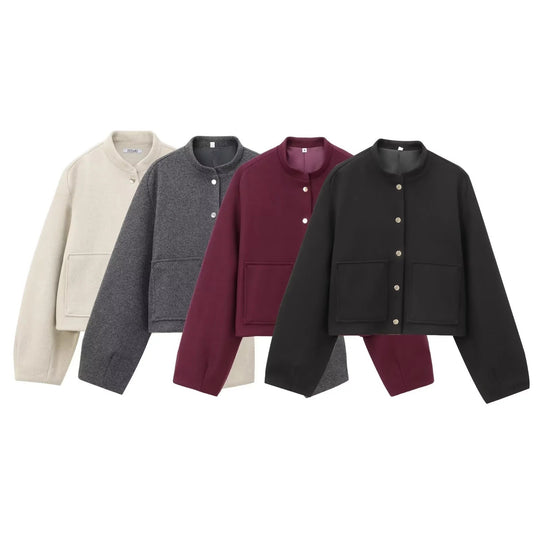 Damen 500+ Cropped Boxy Wollmix‑Blousonjacke mit Stehkragen, Druckknöpfen und großen aufgesetzten Taschen Nord Taschen