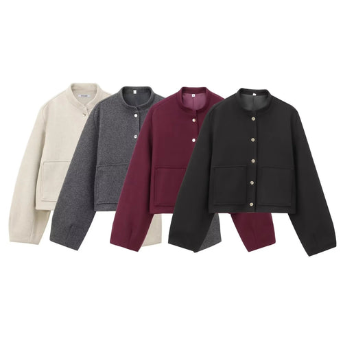 Damen 500+ Cropped Boxy Wollmix‑Blousonjacke mit Stehkragen, Druckknöpfen und großen aufgesetzten Taschen Nord Taschen