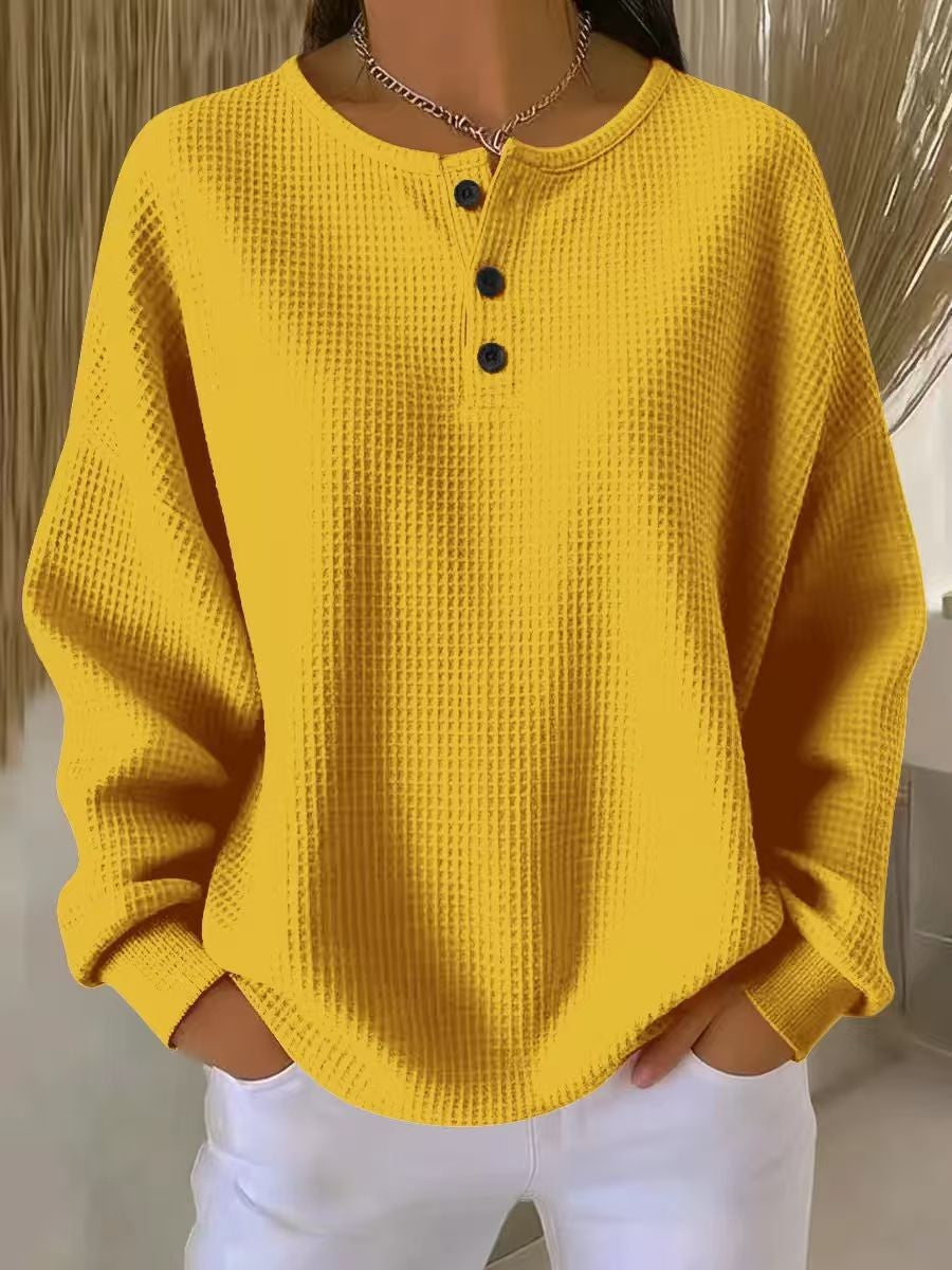 Damen Oversize Waffelstrick-Henleyshirt mit Knopfleiste und Rundhalsausschnitt Nord Taschen
