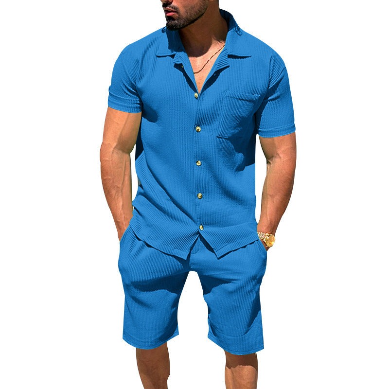 Herren nan lässiges zweiteiliges Freizeitset aus geripptem Jersey mit Hemdkragen Knopfleiste und Shorts