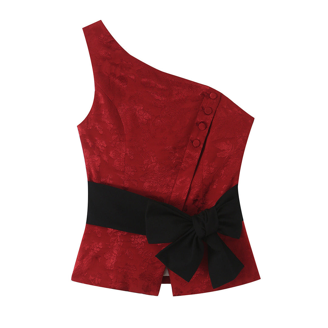 Damen Ein-Schulter Jacquard-Top mit Taillenband und Zierschleife Nord Taschen