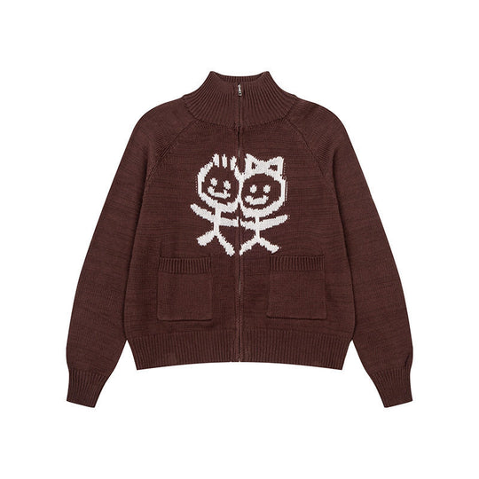 Damen Grobstrick-Zipcardigan mit Stehkragen, aufgesetzten Taschen und Cartoon-Intarsie Nord Taschen