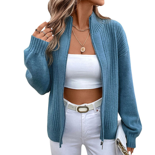 Damen Elegante Strickjacke mit Stehkragen und Reißverschluss Nord Taschen