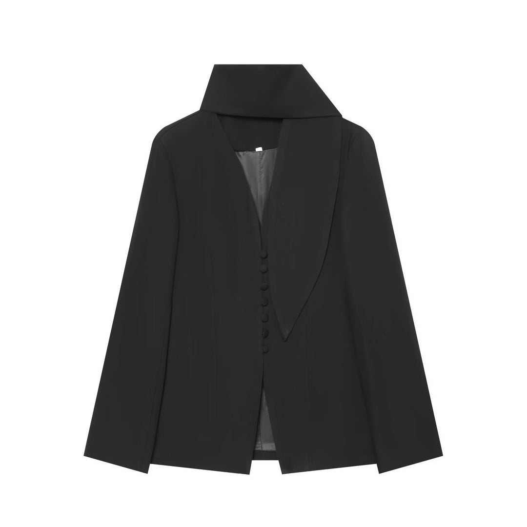 Damen Eleganter Longline-Blazer mit hohem Funnelkragen und überziehbaren Stoffknöpfen Nord Taschen