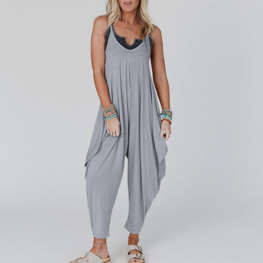 Damen bequemer Jumpsuit mit lässigem Schnitt und tiefem V-Ausschnitt Nord Taschen