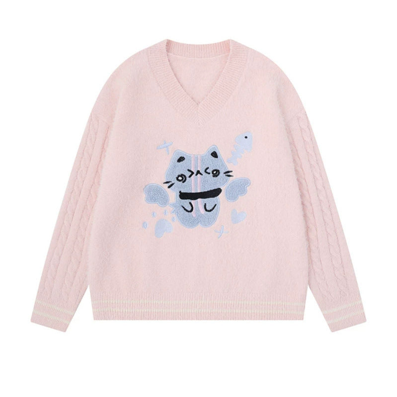 Damen V-Ausschnitt Strickpullover mit Zopfärmeln und Chenille-Katzenmotiv Nord Taschen