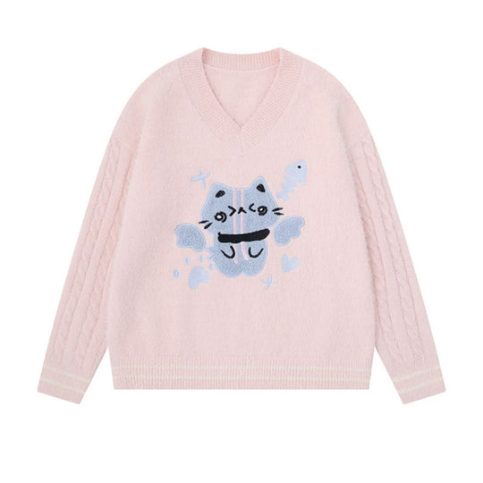 Damen V-Ausschnitt Strickpullover mit Zopfärmeln und Chenille-Katzenmotiv Nord Taschen