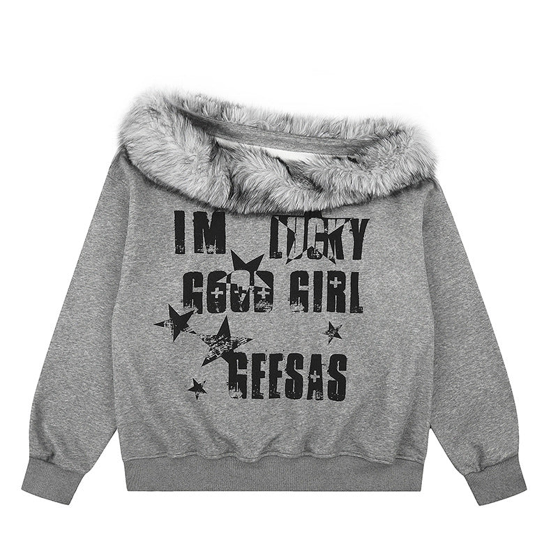 Damen Off-Shoulder Oversize-Sweatshirt mit kuscheligem Faux-Fur-Kragen und distressed Stern-Print Nord Taschen