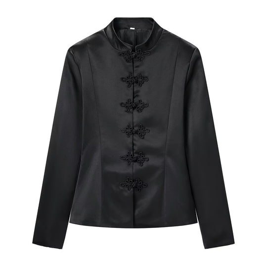 Damen Taillierter Satin-Blazer mit Mandarinkragen und dekorativen Froschverschlüssen Nord Taschen