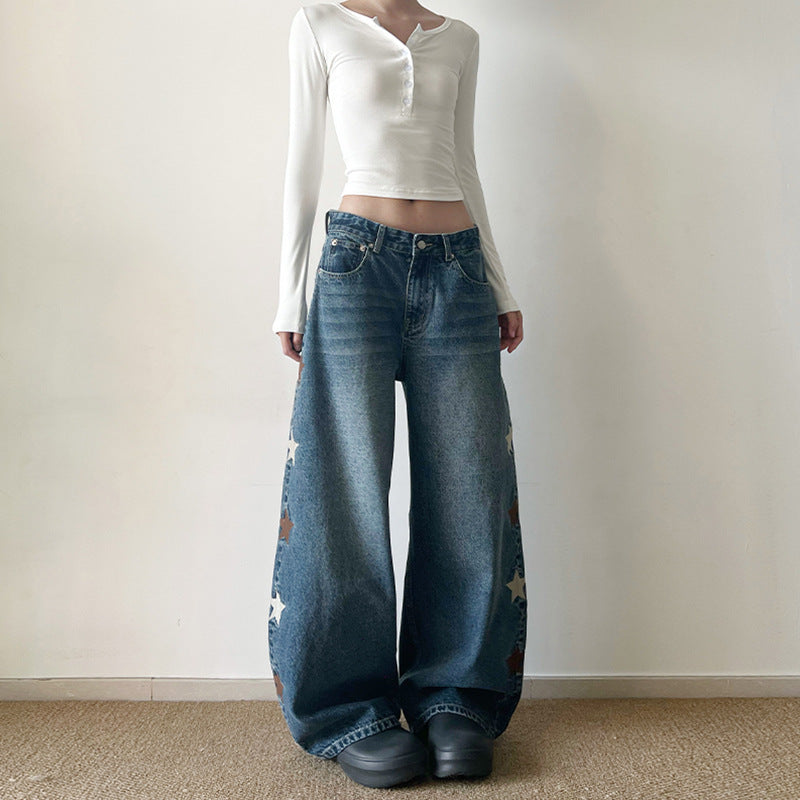 Damen Extraweite Baggy-Jeans mit Stern‑Applikationen und bodenlanger Silhouette Nord Taschen