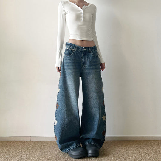 Damen Extraweite Baggy-Jeans mit Stern‑Applikationen und bodenlanger Silhouette Nord Taschen