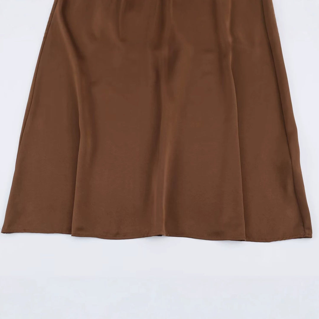 Damen Elegantes Satin-Maxikleid mit V-Ausschnitt und Spitzenbesatz Nord Taschen