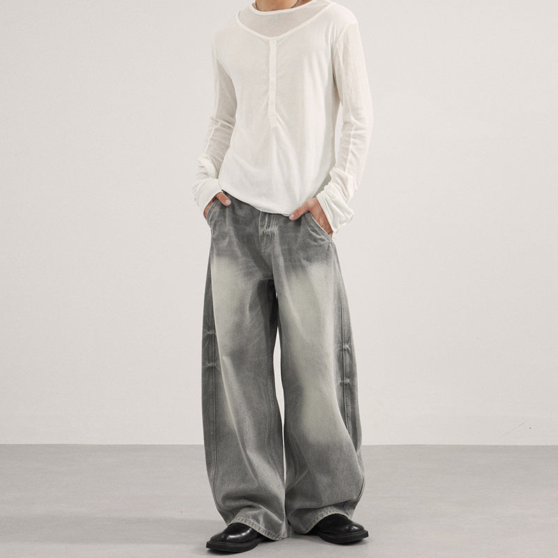 Herren Bodenlange Oversized-Denim-Palazzohose mit verwaschener Fade-Optik und tiefem Schritt Nord Taschen