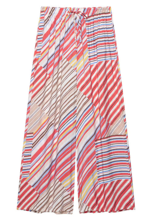 Damen Weite Palazzo‑Hose mit elastischem Bund, Tunnelzug und gestreiftem Patchwork‑Print Nord Taschen