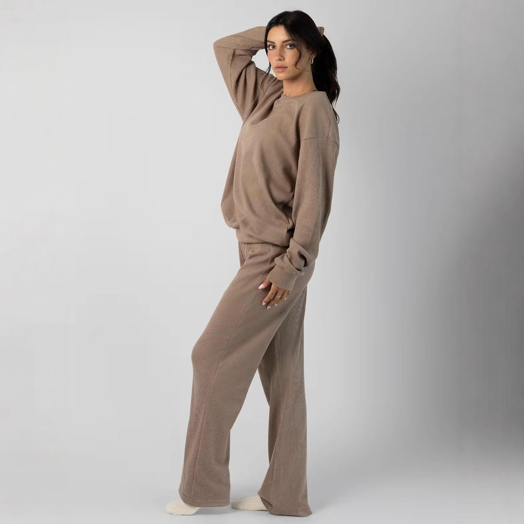 Damen geräumiges Waffelstrick-Loungewear-Set mit Rundhalsausschnitt und Tunnelzughose Nord Taschen