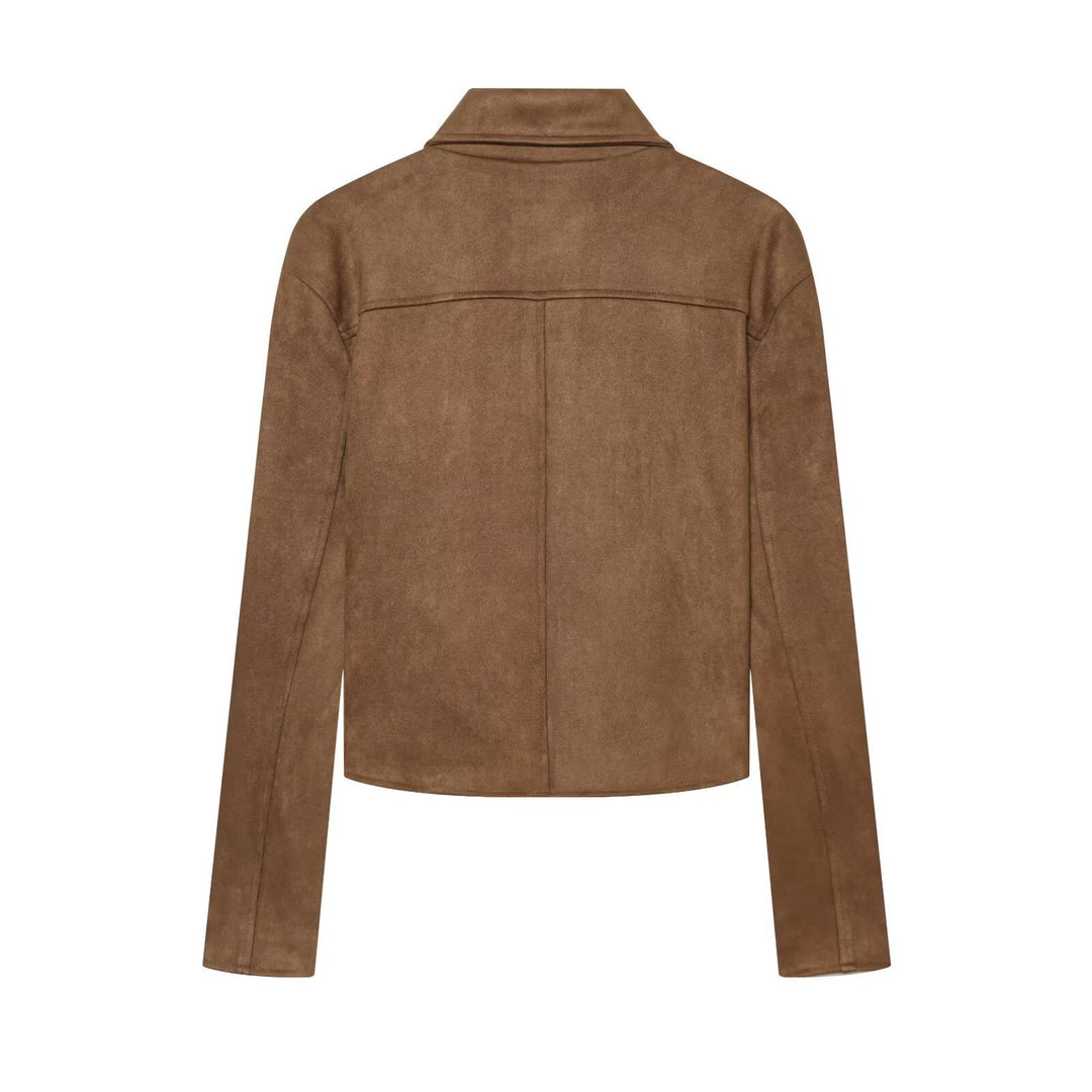 Damen Kurzjacke im Veloursleder-Look mit Hemdkragen und aufgesetzten Taschen Nord Taschen