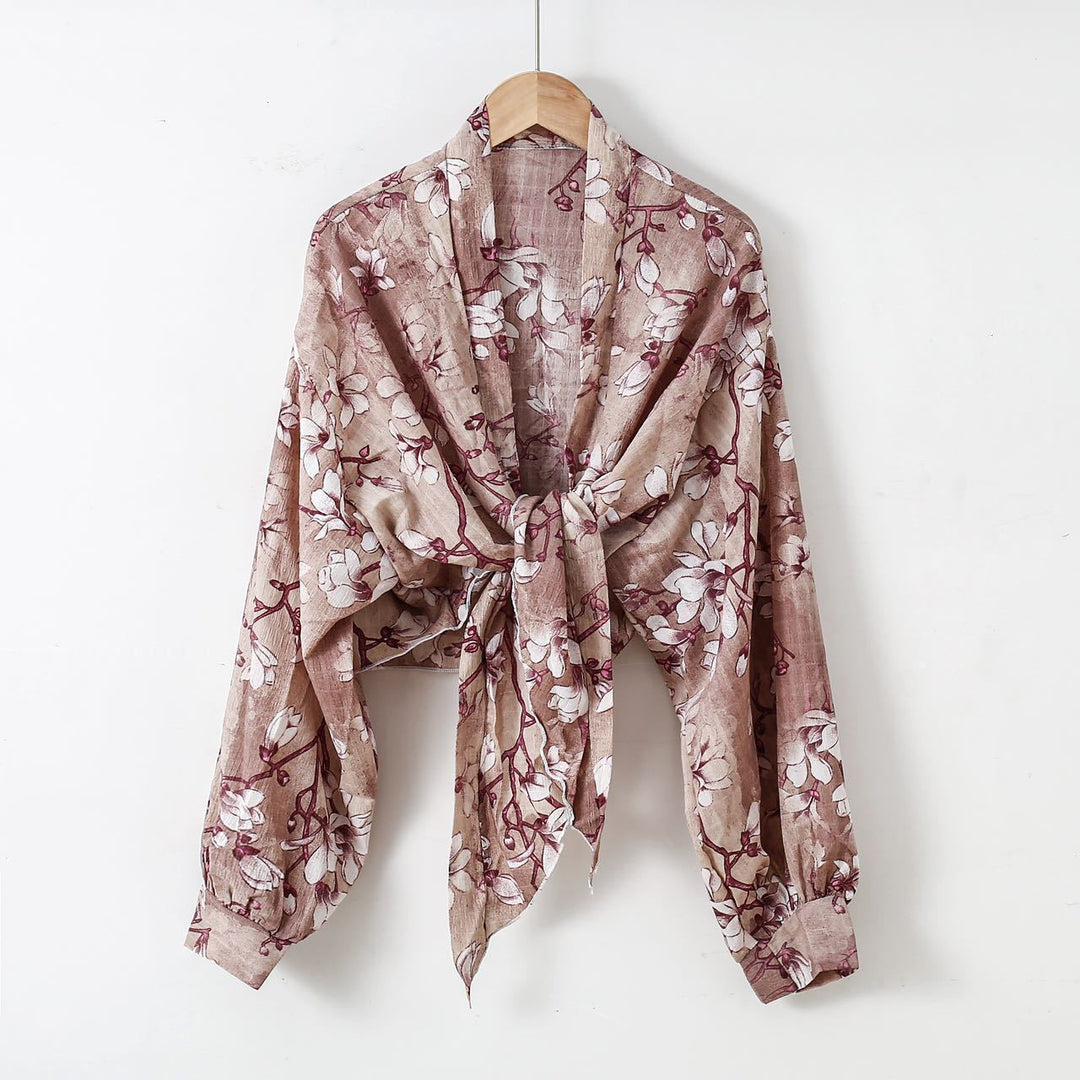Damen nan florale Knoten-Bluse im Wickelstil mit Ballonärmeln und leichter Leinenoptik
