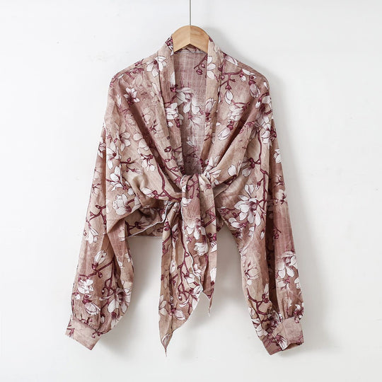 Damen nan florale Knoten-Bluse im Wickelstil mit Ballonärmeln und leichter Leinenoptik