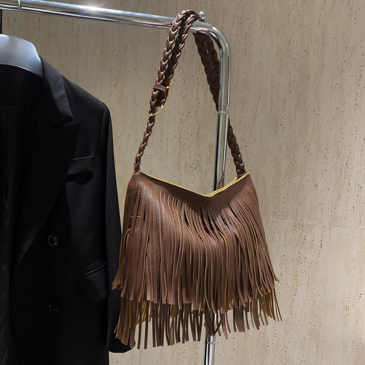 Damen Fransen Umhängetasche mit geflochtenem Schulterriemen Nord Taschen