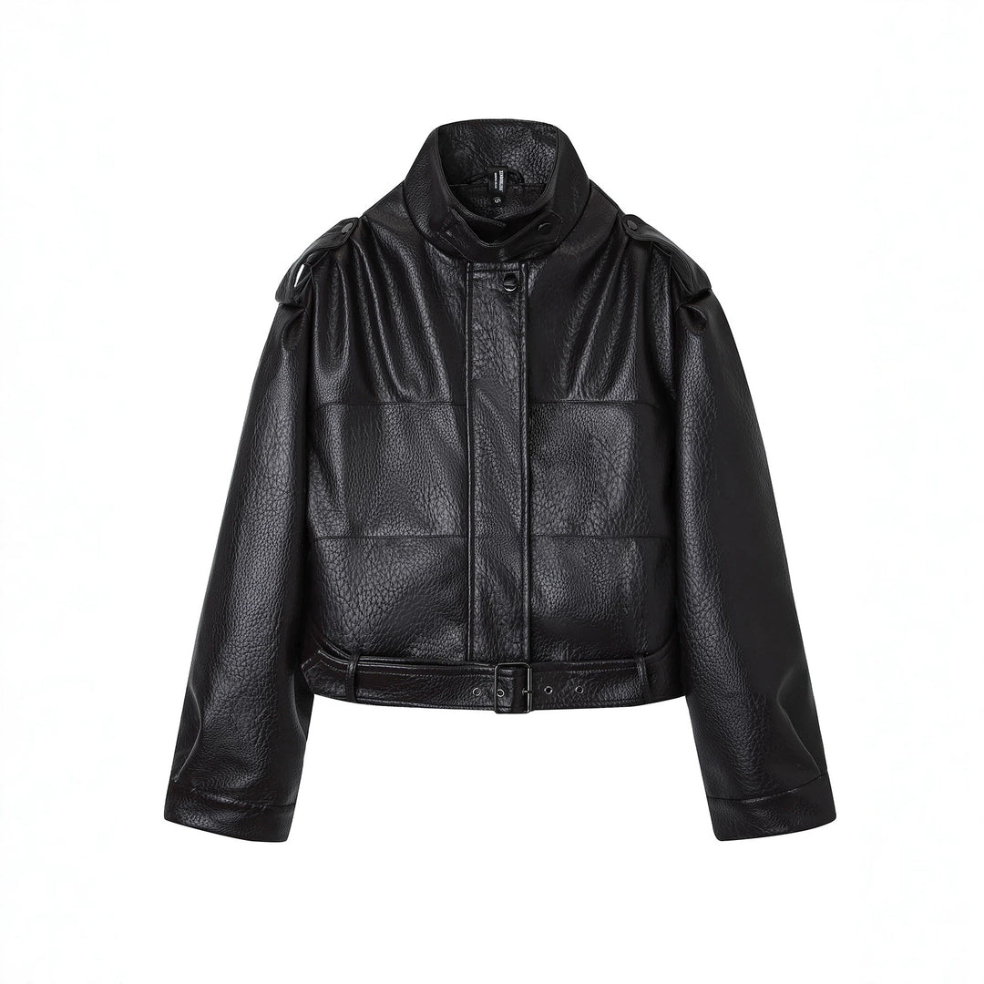Damen Kurzjacke im Utility-Look aus strukturierter Kunstlederoptik mit hohem Stehkragen und verstellbarem Taillengürtel Nord Taschen