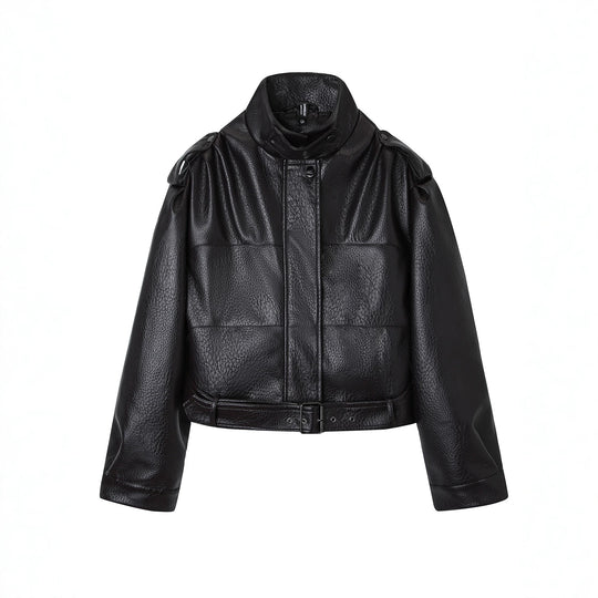 Damen Kurzjacke im Utility-Look aus strukturierter Kunstlederoptik mit hohem Stehkragen und verstellbarem Taillengürtel Nord Taschen